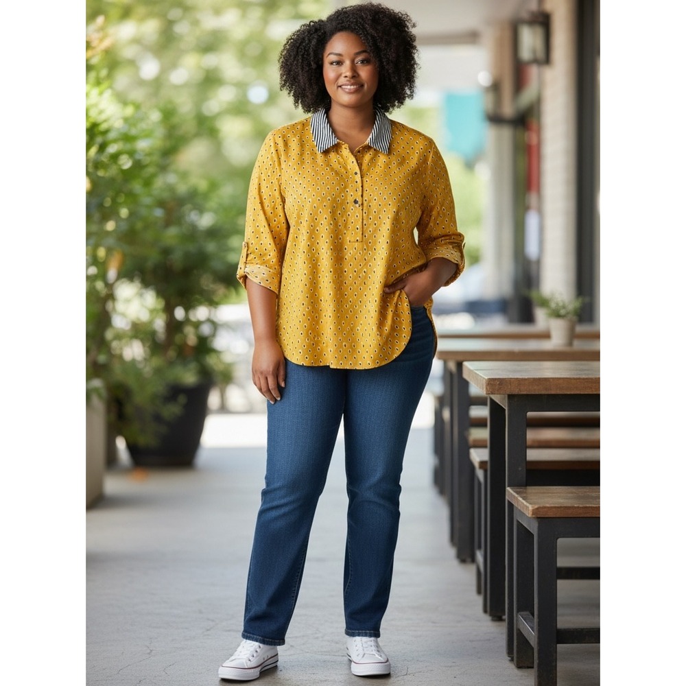 Chico's Shirt Womens No-Iron Chic‎ Stretch Yellow 3 US 16 Excellent Geometric